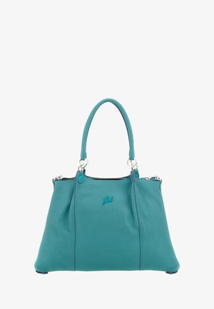 Borsa a mano in pelle verde acqua con due manici, accessori in argento e un piccolo logo sul davanti, mostrata su uno sfondo bianco.
