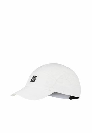 Gorra blanca ligera con visera curvada, orificios de ventilación en los laterales y parche negro con el logo de Buff en el panel frontal.