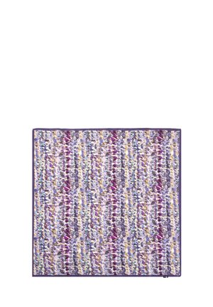Carré textile aux motifs tissés en violet, jaune et bleu avec une texture complexe et une bordure solide en violet, conçu pour un usage décoratif.