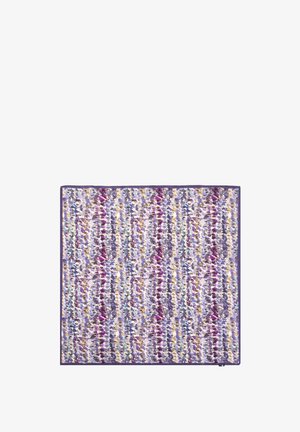 Quadrato di tessuto in viola, giallo e blu con un motivo intrecciato e una texture intricata, circondato da un solido bordo viola, progettato per uso decorativo.