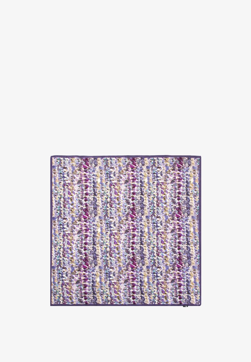 Textiel vierkant in paars, geel en blauw met een geweven patroon, ingewikkelde textuur en een stevige paarse rand, ontworpen voor decoratief gebruik.