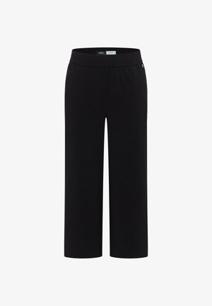 Pantalon noir à jambes larges avec taille élastique, taille mi-haute, et design simple, présenté sur fond blanc.