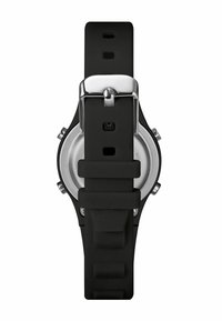 Bracelet de montre en silicone noir avec un fond de boîtier en acier inoxydable argenté, mettant en valeur une texture lisse et une forme arrondie avec des cornes et une boucle.