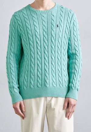 Homme portant un pull en maille torsadée vert menthe et un pantalon en velours côtelé crème, debout devant un fond clair uni.