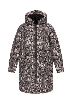Padded coat with snake print in shades of black and beige, equipped with a hood, front zipper, and two side pockets with snap closures.