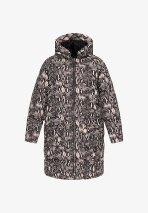 Padded coat with snake print in shades of black and beige, equipped with a hood, front zipper, and two side pockets with snap closures.
