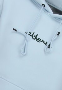 Lichtblauwe hoodie met een capuchon met trekkoord en een zwart logo dat over de borst is gedrukt. Zachte stof met een gladde textuur.