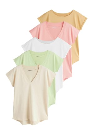 Set de cinci tricouri cu mâneci scurte și guler în V, în culorile bej, verde deschis, alb, roz și galben muștar, afișate suprapuse pe un fundal alb.