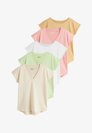 Sæt med fem T-shirts med korte ærmer og V-hals i beige, lysegrøn, hvid, lyserød og sennepsgul, vist overlappende på en hvid baggrund.