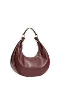 Borsa hobo in pelle bordeaux con forma curvata, dettagli in metallo dorato e una texture morbida e liscia. Dotata di chiusura con zip.
