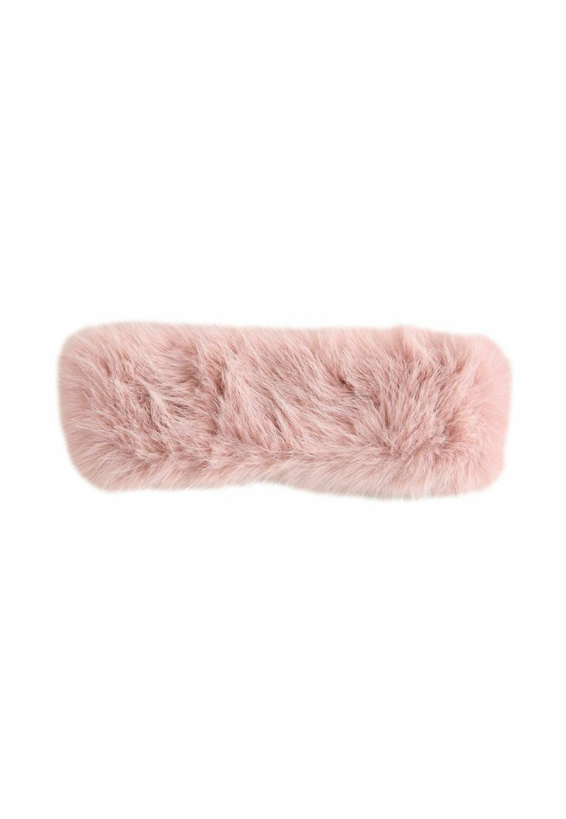 Faux fur pandebånd i blød pink. Rektangulær form med fluffy tekstur og afrundede kanter. Velegnet til vinterbrug og varme.