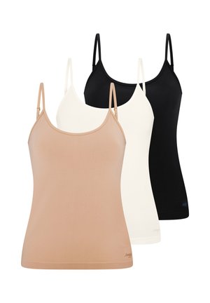 Tre sømløse tanktops til kvinder i beige, hvid og sort med justerbare spaghettistropper, vist overlappende på en hvid baggrund.