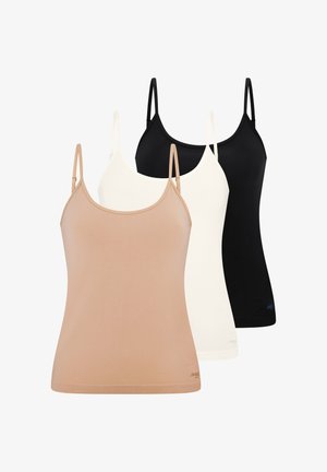 Trois débardeurs sans coutures pour femmes en beige, blanc et noir avec bretelles spaghetti ajustables, présentés en chevauchement sur un fond blanc.