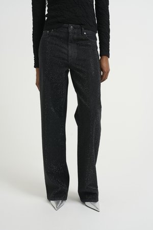 Zwarte jeans met een recht gesneden ontwerp, voorzien van sprankelende versieringen verspreid over de stof. Gemaakt van denim, met een knoopsluiting en zakken.
