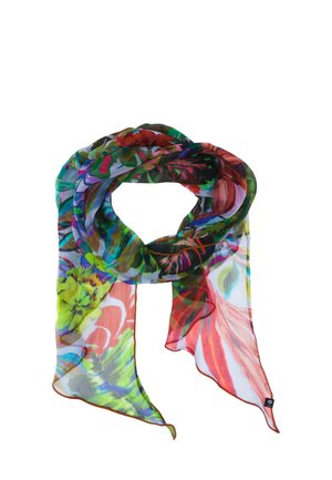 Lightweight translucent scarf with bright multicolor floral and leaf patterns, loosely looped with ends hanging down.