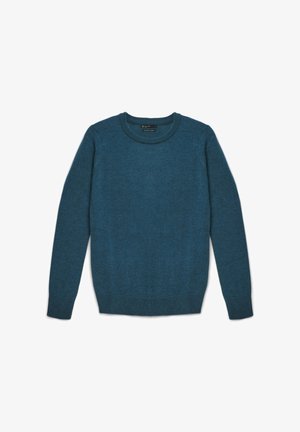 Maglione lavorato a maglia in blu teal, con un collo rotondo, maniche lunghe e polsini e orlo a costine. Tessuto liscio con un sottile motivo mélange.