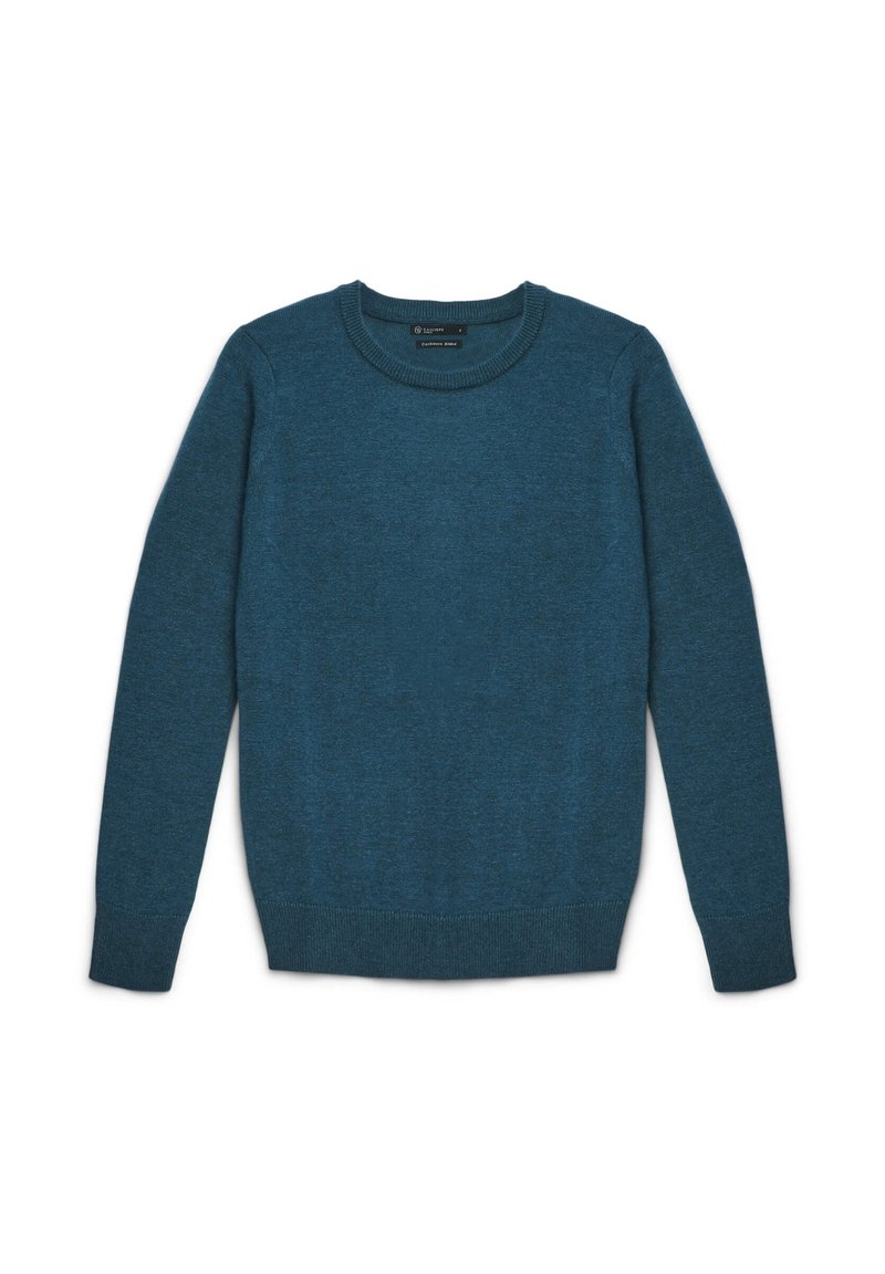 Maglione lavorato a maglia in blu teal, con un collo rotondo, maniche lunghe e polsini e orlo a costine. Tessuto liscio con un sottile motivo mélange.