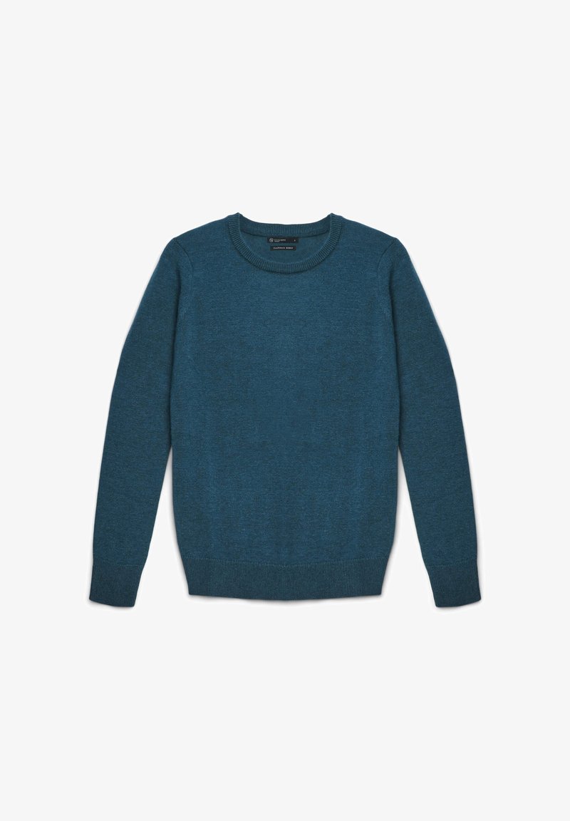 Strickpullover in tealblau mit Rundhalsausschnitt, langen Ärmeln und gerippten Bündchen sowie Saum. Glatte Textur mit einem dezenten melierten Muster.