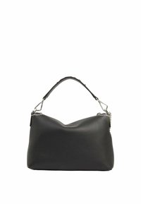 Sac à main en cuir noir au design décontracté, avec une courte poignée et des détails en métal argenté. Texture lisse sans motifs marquants.