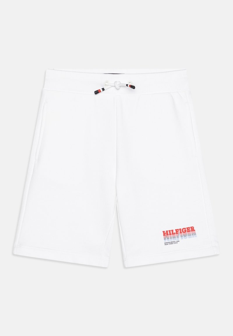 Shorts blancs jusqu’au genou avec poches latérales et taille à cordon avec des accents rouge, noir et blanc et texte du logo "Hilfiger".