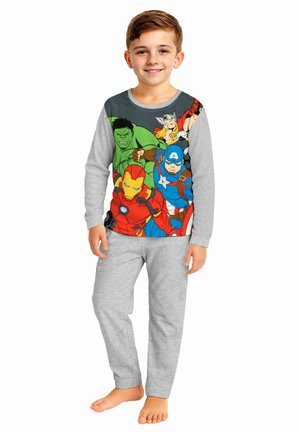 Set di pigiami a maniche lunghe con una stampa di supereroi colorata sulla parte superiore, pantaloni grigi in cotone e una vestibilità comoda con cintura elastica.