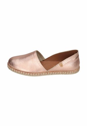 Metallic rose gold slip-on espadrille with rounded toe and woven jute sole, featuring a low-cut side and soft leather interior.