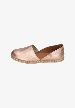 Metallic rose gold slip-on espadrille with rounded toe and woven jute sole, featuring a low-cut side and soft leather interior.