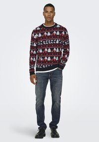 Il maglione lavorato a maglia presenta una base nera con motivi natalizi rossi, bianchi e verdi, inclusi alberi e fiori. Abbinato a jeans blu e scarpe nere.