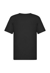 Camiseta negra de manga corta fabricada en algodón, con un escote redondeado. La parte trasera tiene una textura lisa y uniforme, sin patrones ni acentos visibles.