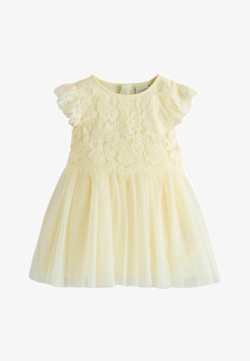 Hele kollane kleit, millel on pitsist kehast, lühikesed lendlevad varrukad ja tüla seelik, millel on tekstureeritud lillemuster üleval.