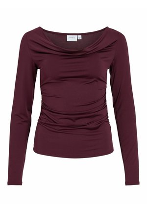 Top burdeos de manga larga con escote drapeado y lados fruncidos, hecho de una tela suave, que presenta una silueta ajustada y una textura lisa.