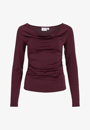 Haut bordeaux à manches longues avec un col drapé et des côtés froncés, fabriqué en tissu doux, présentant une silhouette ajustée et une texture lisse.