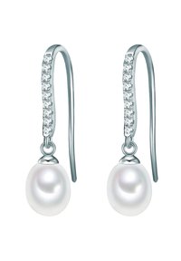 Pendientes de plata con ganchos alargados, decorados con acentos brillantes y terminados con gotas de perlas blancas redondas y lustrosas.