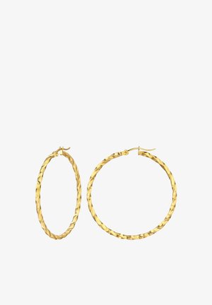 Orecchini a cerchio in oro intrecciato, uno più piccolo e di forma ovale, l'altro più grande e rotondo, entrambi con chiusure a cerniera.