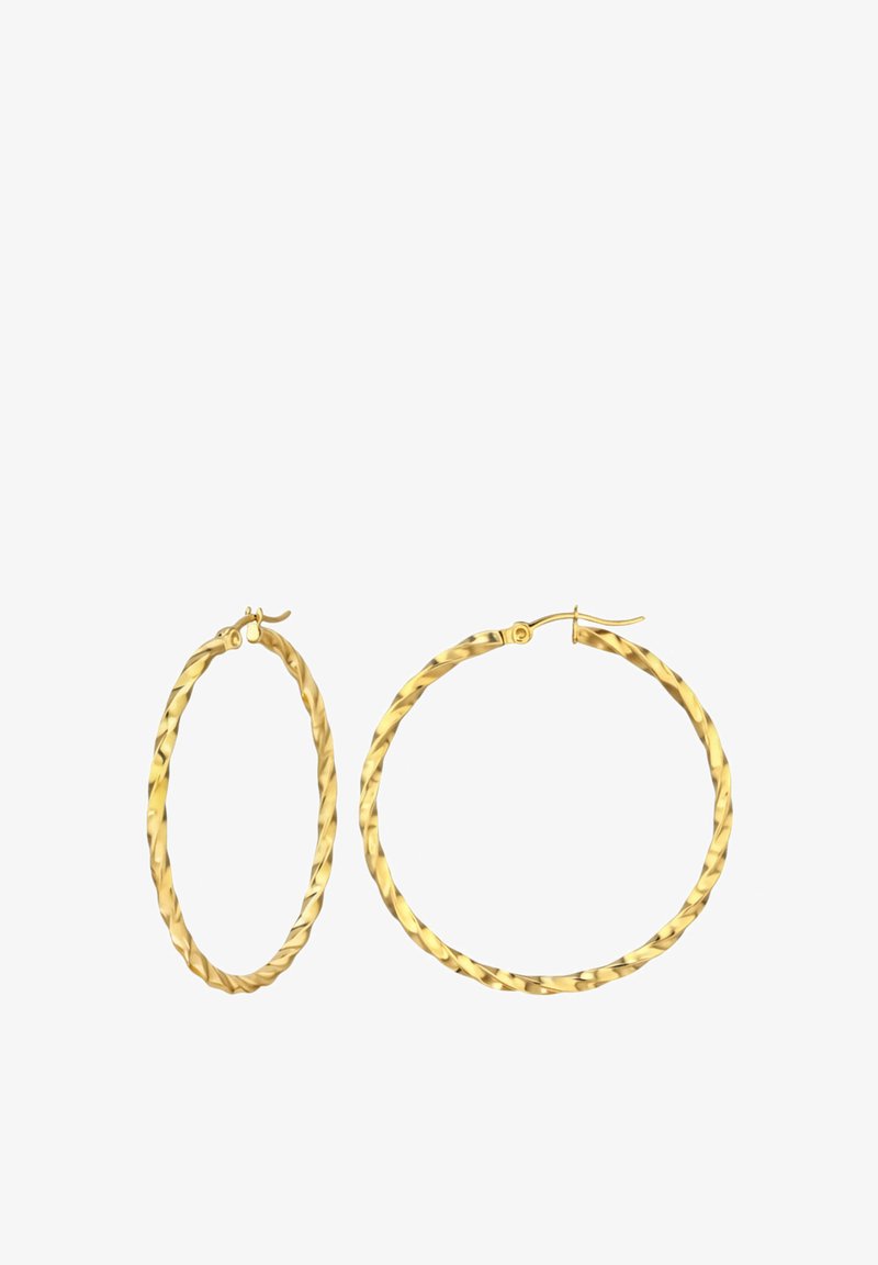 Gewraaide gouden oorringen, één kleiner en ovaal van vorm, de andere groter en rond, beide met scharnierende sluitingen.