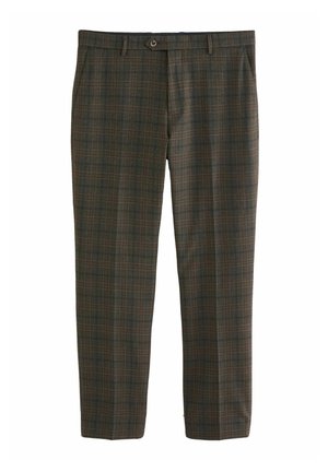 Brown plaid trousers with a flat front, belt loops, and front pockets. Made of textured fabric with a tailored fit, featuring subtle color variations.