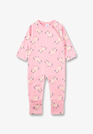 Rosa Overall mit langen Ärmeln, der mit einem sich wiederholenden Pferdemuster in Creme und Lavendel versehen ist. Aus weicher Baumwolle mit seitlichem Druckknopfverschluss gefertigt.