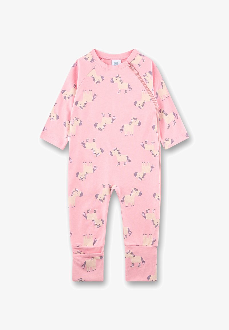 Rosa Overall mit langen Ärmeln, der mit einem sich wiederholenden Pferdemuster in Creme und Lavendel versehen ist. Aus weicher Baumwolle mit seitlichem Druckknopfverschluss gefertigt.