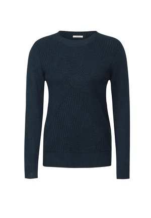 Maglione blu navy con scollatura rotonda, motivo a rombi testurizzati, polsini e orlo a coste, realizzato in un morbido tessuto a maglia.