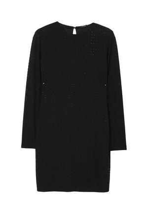 Abito lungo nero con maniche lunghe, scollo rotondo e retro con apertura a chiave. Presenta un tessuto testurizzato con piccole aperture regolarmente distanziate.
