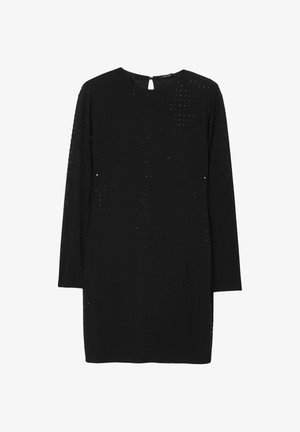 Schwarzes langärmliges Kleid mit rundem Halsausschnitt und Schlüsselloch-Rücken. Hat einen strukturierten Stoff mit kleinen, gleichmäßig verteilten Ausschnitten.