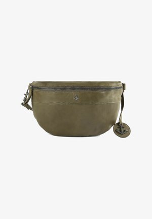 Borsa in pelle verde oliva con chiusura a cerniera superiore, forma arrotondata e un ciondolo decorativo a forma di ancora. Texture liscia con dettagli di cuciture sottili.
