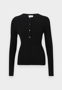 Černý dlouhý rukáv, ribový top s kulatým výstřihem a knoflíkovou légou se stříbrnými knoflíky. Hladká textura, přiléhavý střih.