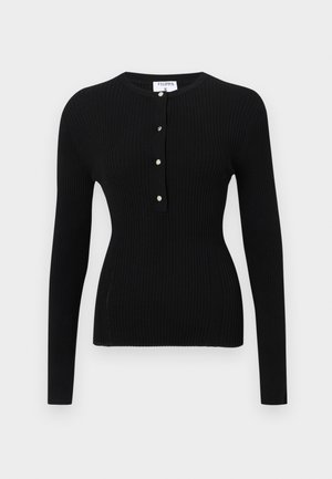 Black long-sleeve ribbed top featuring a round neckline and a button placket with silver-tone buttons. Smooth texture, fitted design.