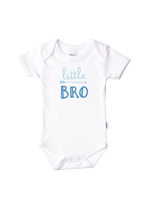 White cotton onesie with short sleeves; features blue text reading "little BRO" with an arrow design. Snap closures at the bottom.