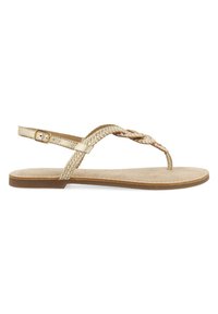 Sandalo piatto in metallo dorato con design a strisce intrecciate e fibbia alla caviglia. Suola interna beige morbida con una texture liscia e suola esterna marrone.