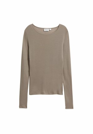 Langærmet top i lysebrunt bomuldsblanding med rund halsudskæring og en afslappet pasform. Har en lige kant og minimale syningsdetaljer.