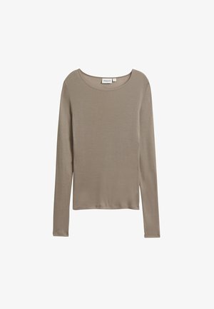 Langærmet top i lysebrunt bomuldsblanding med rund halsudskæring og en afslappet pasform. Har en lige kant og minimale syningsdetaljer.