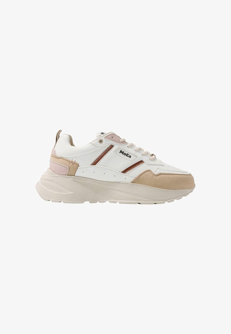White sneaker with light pink and beige accents, suede and leather materials, thick sole, branded side, and decorative stitching.