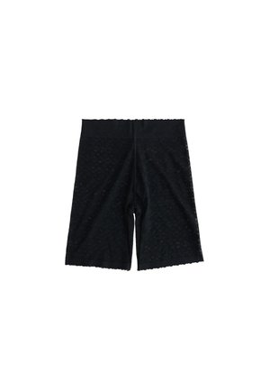 Schwarze, strukturierte Shorts mit elastischem Bund und gewelltem Saum. Verfügen über ein dezentes Muster im gesamten Stoff. Ohne Taschen.